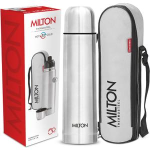 Milton Thermosteel Flip Lid 1000, Double Walled Vacuum Insulated Thermos 1000 ml | 34 oz | 1 Ltr | 24 Hours Hot and Cold Water Bottle with Cover, Stainless Steel, BPA Free,Leak Proof | Silver