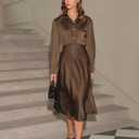 RIHOAS Women's Midi Dress Long Sleeve Shirt Dress for Spring Fall A-Line Office Work Dresses (Brown, M)