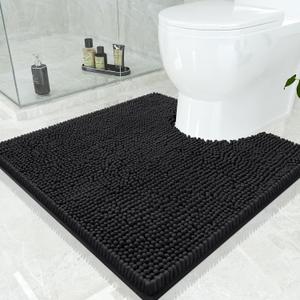 Smiry Luxury Chenille Toilet Rugs U-Shaped 24x24, Soft Absorbent Non-Slip Contour Bathroom Rugs for Toilet, Machine Washable Contoured Bath Mats, Black