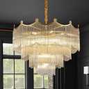 31.8" Large Modern Glass Gold Chandelier Light Fixture Luxury Glam 4-Tier Crystal Chandeliers for Dining Room 18-Light Round Hanging Ceiling Pendant Lighting for Living Room Bedroom Foyer