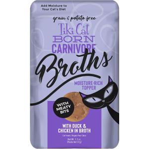 Tiki Cat Born Carnivore Broths, Duck & Chicken Recipe, Hydration and Flavor Supplement Cat Food Topper, 1.3 oz. Pouch (12 Count)