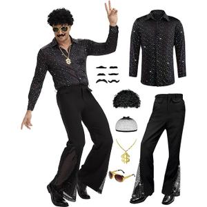 6 Pcs Mens 70s Disco Outfits Retro 80s Costume with Retro Shirt Bell Bottom Pants Wig Sunglasses Necklace Mustache, 2XL