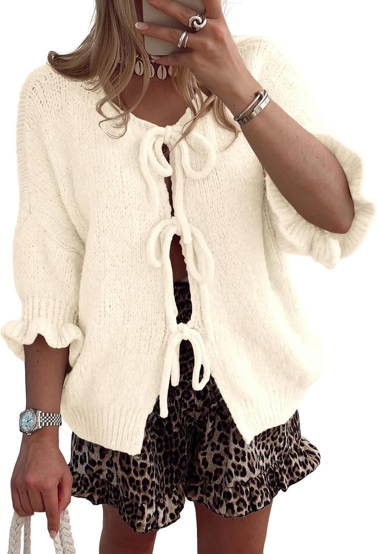 Saodimallsu Womens Tie Front Bow Cardigan Sweaters Lightweight Knit Ruffle Half Sleeve 2025 Trendy Jacket (Small, Apricot)