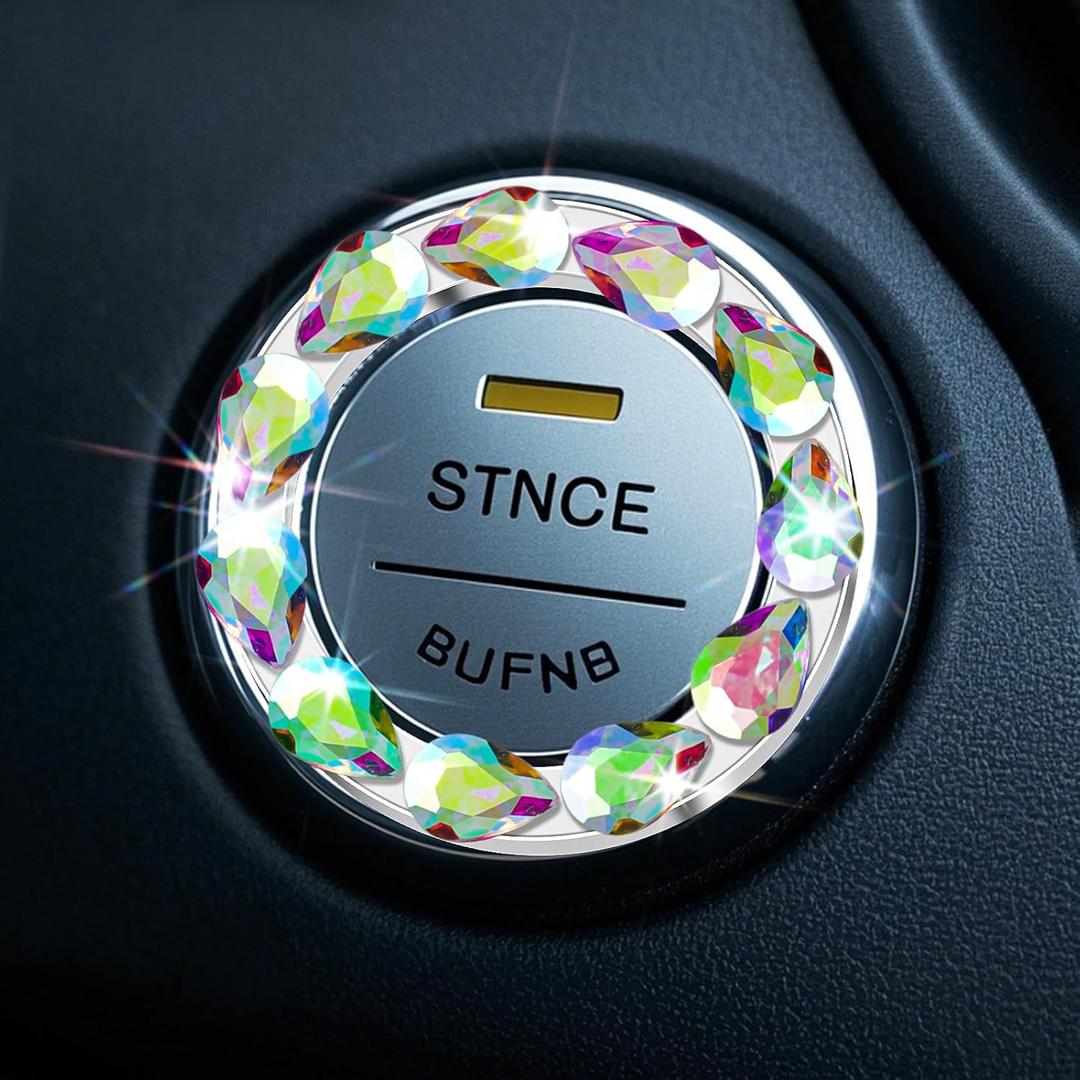 4 x Soleebee Bling Car Engine Start Stop Trim Ring for Women, Crystal Rhinestone Car Push Start Button Cover/Sticker, Key Ignition and Knob Bling Ring (AB)