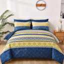 WONGS BEDDING Boho Comforter Set King, 7 Pieces Navy Blue and Yellow Comforter Set Bohemian Bed in A Bag Striped Paisley Floral Comforter and Sheet Set Soft Microfiber Bedding Set for All Season