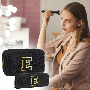 YOOLIFE Initial Makeup Bag Cosmetic Bag, Teenage Girls Gifts Girlfriend Gifts Sister Birthday Gifts Daughter Gifts Birthday Gifts for Women Cotton Wool Make Up Bag Pouch for Girls (Black E)