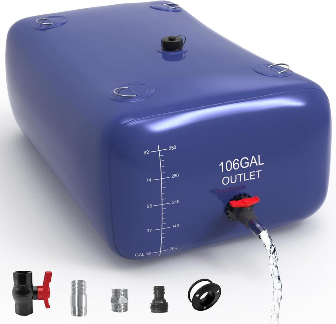 400L/106 Gal Water Bladder, Water Tank with 3 Connectors and Overflow Kit
