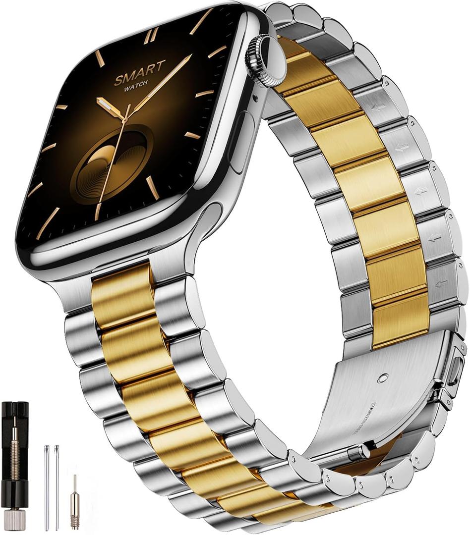 SUNFWR Compatible with Apple Watch Band 44mm 45mm 42mm 46mm 49mm for Men Women, Stainless Steel Metal iWatch Band for Apple Watch Series 11/10/9/8/7/6/5/4/3/2/1/SE/SE2/SE3 Ultra3/2/1 (No Case) (Silver+Golden)