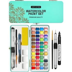 ARTISTRO Watercolor Paint Set, Vivid Colors in Portable Box, Palette set, Including Metallic and Fluorescent Colors. Perfect Travel Watercolor Set for Artists, Amateur Hobbyists and Painting