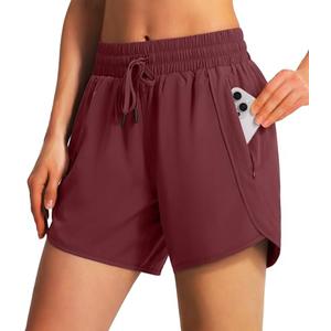 Ksmien Women's 5"/ 7" Athletic Running Shorts Quick Dry Lightweight Workout Gym Shorts with Zipper Pockets UPF 50+ Wine Red