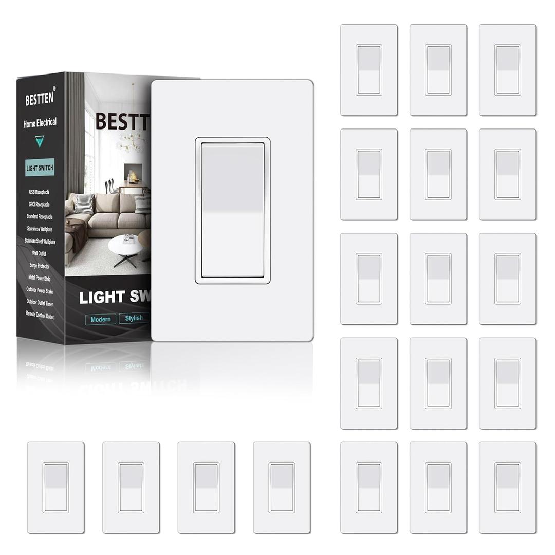 BESTTEN 20 Pack 3 Way Decorator Light Switch with Screwless Wall Plate,15A 120/277V, Paddle Rocker Wall Switch, On/Off Interrupter, UL Listed, White