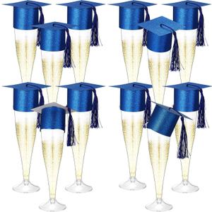 Funnymoom 12 Pack 2026 Graduation Disposable Champagne Flutes Set 4.5 oz Plastic Grad Glasses and Mini Graduation Caps with Tassels for Cocktail Toasting Grad Party Favor (Blue)
