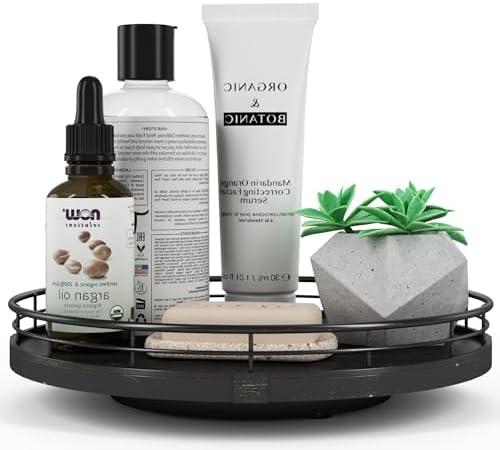 10" Oak Bathroom Vanity Tray Turntable for Perfume Candle, Round Wooden Decorative Tray for Kitchen Sink Countertop Organizer, Bathroom Counter Organizer for Skincare Makeup, Farmhouse Black Gold