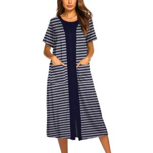 Ekouaer Robes For Women Zipper Front Bathrobe Short Sleeve House Coat Long Nightgown With Pockets Soft Loungewear (XX-Large, Navy Blue)