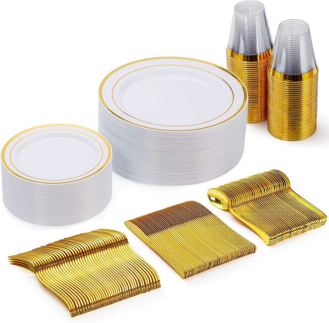Goodluck 150 Pieces Gold Disposable Plates for 25 Guests, Plastic Party, Wedding, Dinnerware Set of Dinner Plates, Salad Spoons, Forks, Knives, Cups
