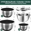 Nicdiet Mixing Bowls with Airtight Lids, Stainless Steel Mixing Bowl Set with 3 Metal Nesting Bowls, Colander & Grater, Non-Slip Bottoms, Size 1.5, 2.5, 5 QT, Great for Mixing & Serving, Black