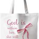 Coquette Pink Bow Christian Tote Bag, God Is Within Her She Will Not Fall Bible Canvas Tote Bags for Women, Preppy Religious Reusable Grocery Shopping Bags