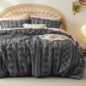 Bedsure Tufted Boho Comforter Set California King Size - Dark Grey Boho Bed Set, GentleSoft 3 Pieces Farmhouse Shabby Chic Embroidery Bedding, Gifts for Woman, Soft Jacquard Comforter for All Seasons