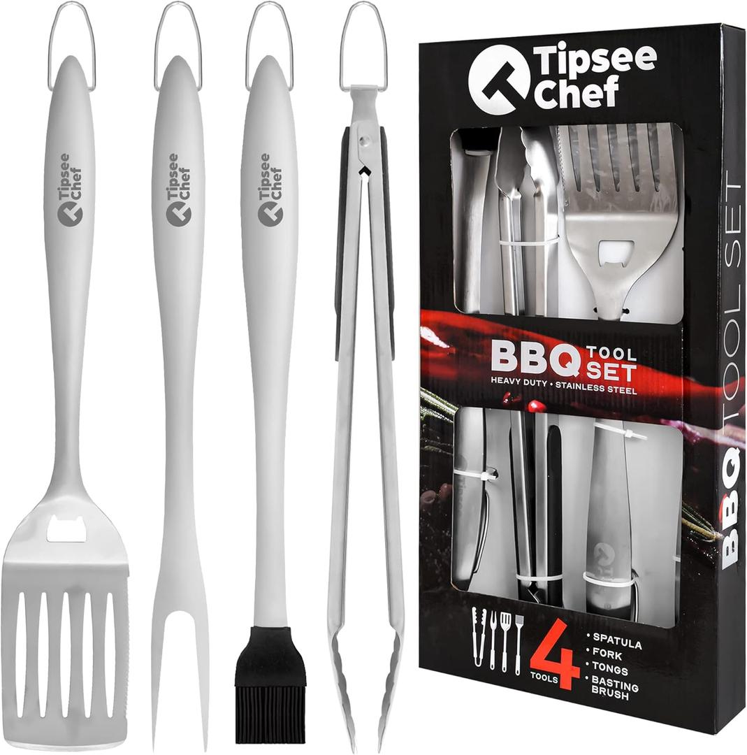 Tipsee Chef BBQ Tool Set - 4 Piece Grill Set - Barbeque Grilling Accessories: Spatula with Built-in Bottle Opener and Serrated Edge, BBQ Tongs, Fork & Brush