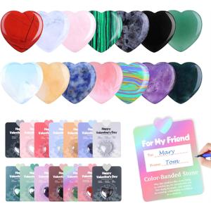 Valentines Day Cards for Kids School with Gifts 28 Pcs Natural Crystal Heart Stones Valentines Day Gifts for Kids Classroom Smooth Polished Gemstones for Students Class Valentines Exchange
