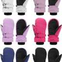 Newcotte 6 Pairs Winter Ski Mittens Kids Waterproof Warm Snow Gloves for Boys Girls Cold Weather Outdoor Activities, White, Light Pink, Dark Pink, Rose Red, Navy, Black, 5-8 Years