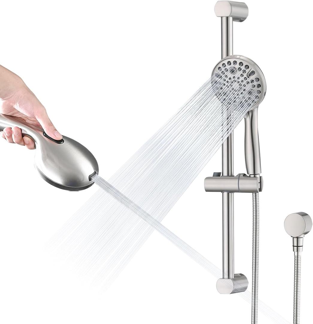 Hand Shower with Slide Bar, High Pressure 10 Setting Handheld Shower Head, Adjustable Height 24" Slide Bar, Wall Supply Elbow and 6.6ft Extra Long Shower Hose - Brushed Nickel (Brushed Nickel)