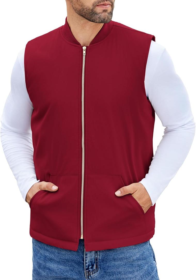 COOFANDY Men's Puffer Vest Loose Fit Quilted Vest Winter Outdoor Zipper Padded Vests Warm Puffy Sleeveless Jacket (Red, L)