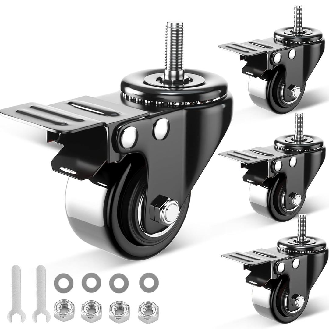 2 Inch Stem Caster Wheels 600lbs, Threaded Stem Casters Set of 4 Heavy Duty, 1/4"-20x1 (Screw Diameter 1/4", Stem Length 1"), Safety Dual Locking Industrial Castors, Wheels for Cart, Furniture