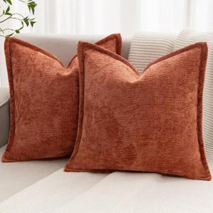 Burnt Orange Fall Decorative Throw Pillow Covers 22x22 Inch Set of 2 Cozy Soild Chenille Cushion Cases Soft Textured Square Couch Pillows Cover Boho Accent Farmhouse Pillowcases for Bed
