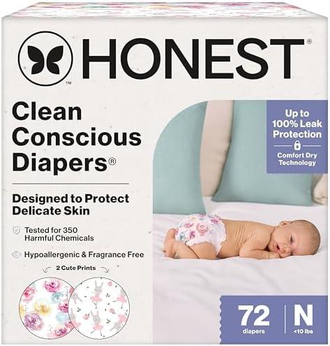 The Honest Company Comfort Dry Disposable Diapers for Sensitive Skin, Hypoallergenic, Rose Blossom + Tutu Cute, Club Box Size Newborn 72 Count, 10Lb