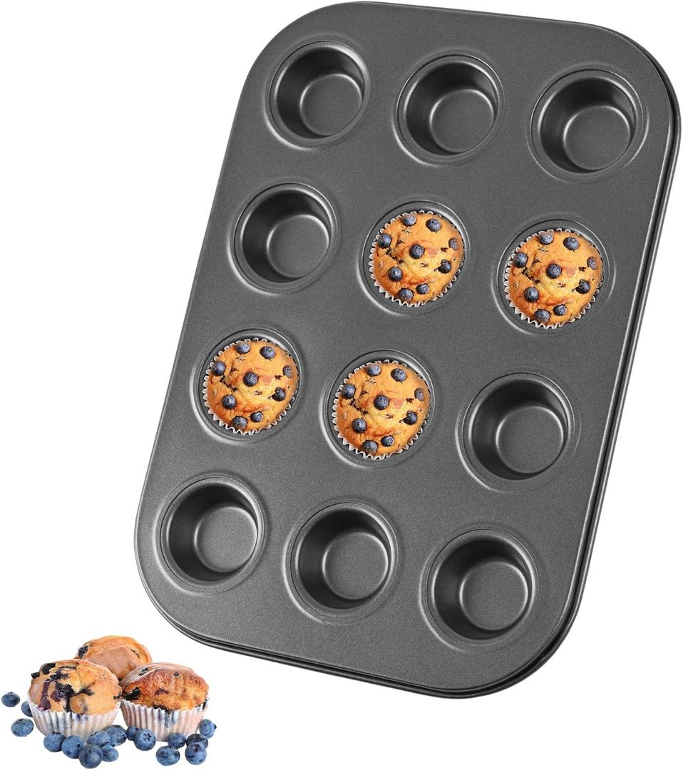 Mini Muffin Pan, Premium Small Cupcake Pans, Carbon Steel 12-Cup Muffin Tin, Versatile Non-Stick Bakeware (Black)