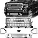 Grille Set 5pcs Compatible with GMC Sierra 1500 AT4/Denali 2019 2020 2021 Front Upper Grill + Front Lower Bumper Grille Plate+ Fog Light Bezels + Camera Bracket (Chrome)