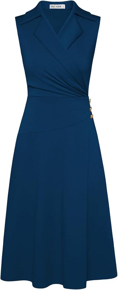 GRACE KARIN 2025 Women's Notch Lapel Ruched Wrap V Neck Business Work Dress Sleeveless A Line Midi Dress L