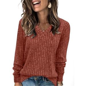 WIHOLL V Neck Long Sleeve Shirts for Women Casual Fall Tops Lightweight Tunic Sweaters Fashion Clothes 2024 L