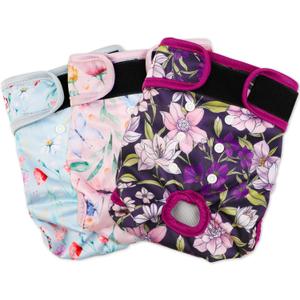 Washable Dog Diapers (3 Pack), Reusable Dog Diapers for Doggie Heat Period, Reusable Doggie Diaper for Female Dogs (Medium) (Medium (12"-15" Waist), Flower)