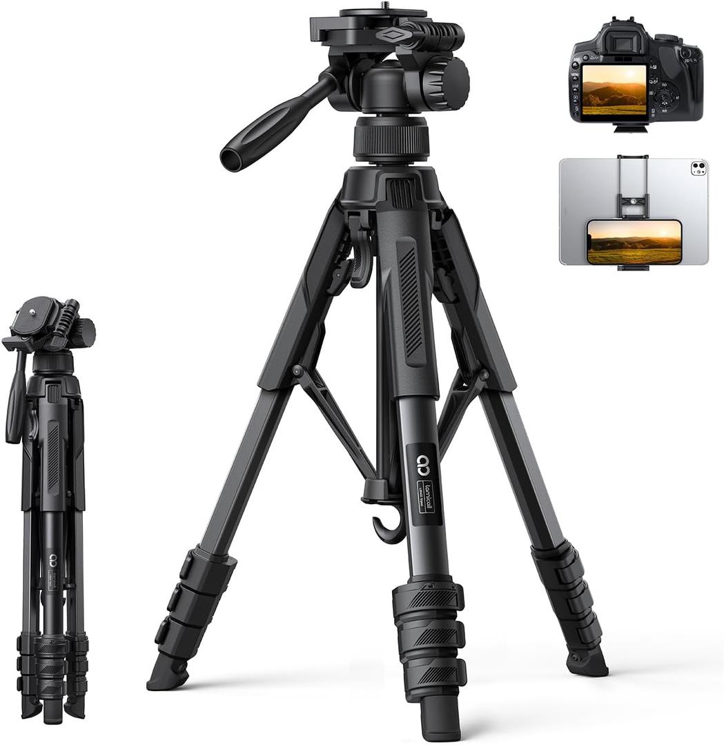 Lamicall Camera Tripod - 17.6LBS Max Load Tripod for Camera with Rapid Leg Deployment Phone Tripods for Video Recording Photo Vlog, 67" Camera Stand with Phone Holder & Carry Bag for DSLR iPhone GoPro (Black)
