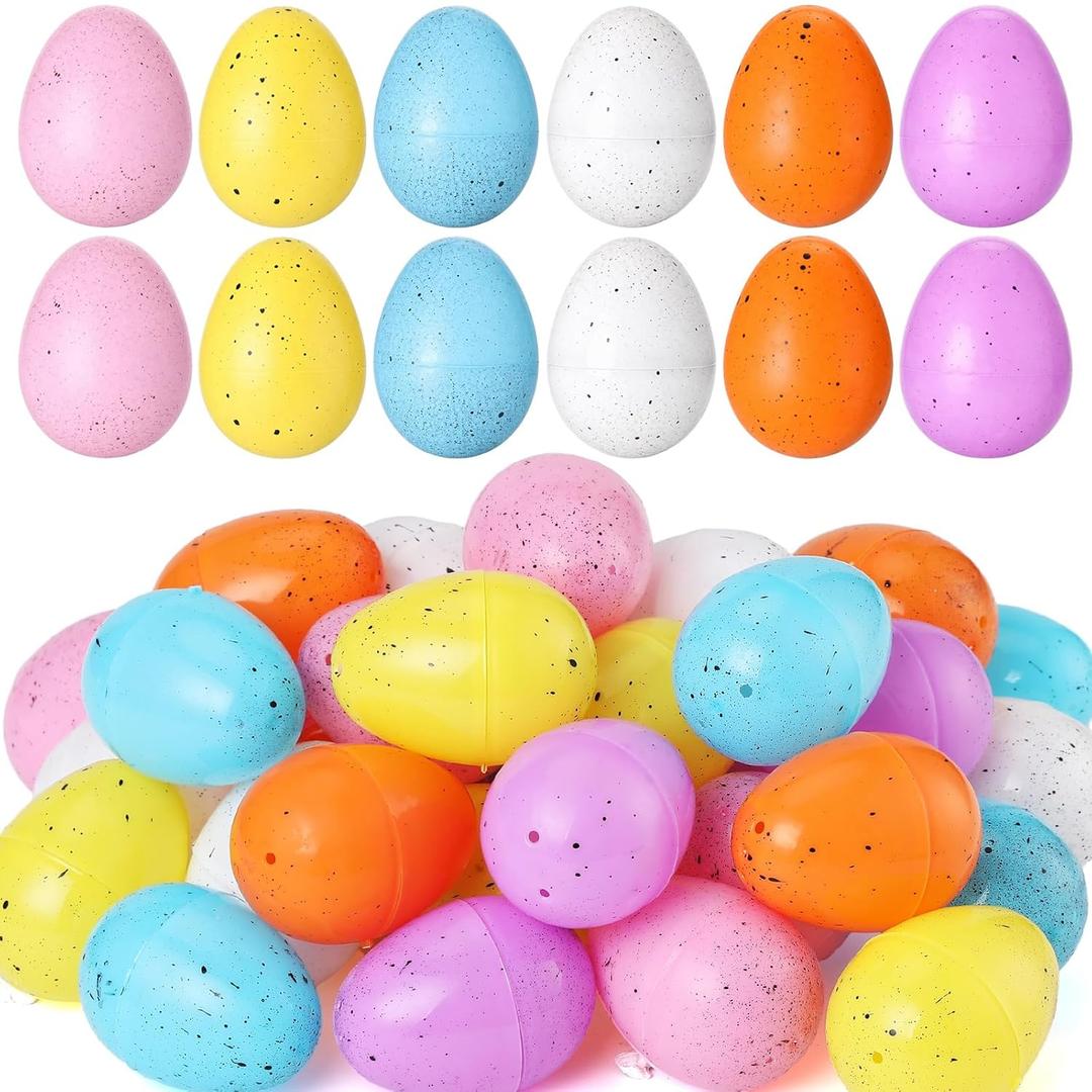 PullCrease 48 Pcs Speckled Easter Eggs 2.24" Colorful Plastic Eggs Empty Fillable Decorations for Bowl and Vase Filler for DIY Spring Party Favor for Kids and Easter Decorations Vase Decorating