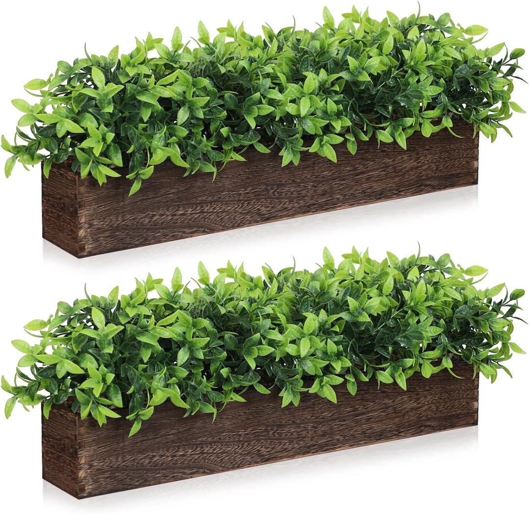 Lyrow 2 Pack 24 '' Artificial Eucalyptus Plants in Rectangular Rustic Wooden Planter Box Faux Potted Herb Plant Greenery Centerpiece for Cabinet Windowsill Table Shelf Wedding Decor (Brown)