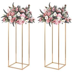 Gold Wedding Flower Stands, Set of 2 Metal Vases Column Geometric Wedding Table Display Centerpieces 31½ inches Tall Floral Decoration Holders for Wedding Party Decor
