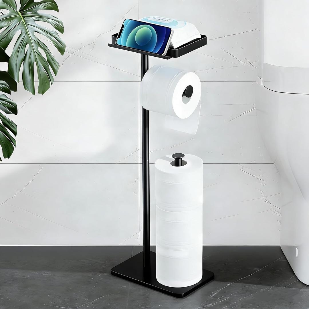 Toilet Paper Holder Stand with Phone Shelf, Rustproof Free Standing Toilet Paper Stand for 4 Rolls, Toilet Roll Dispenser Storages for Phones, Wipe, Wallet and Small Items, Black