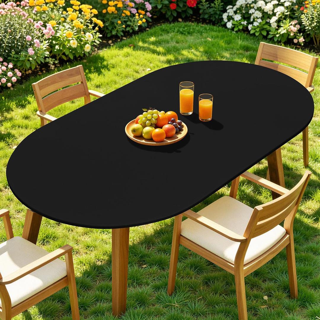 Moosfor Oval Spandex Tablecloth, Elastic Fitted Waterproof Tablecloths for 48" x 68" Tables, Stretch Washable Picnic Table Cover for Camping, Dining, Indoor and Outdoor, Black