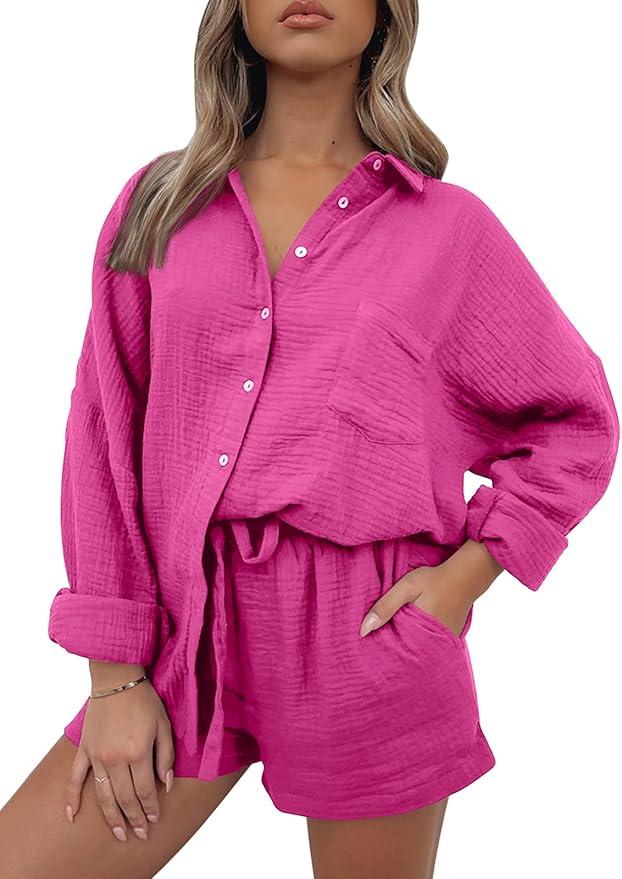 AUTOMET 2 Piece Sets For Women Lounge Wear Matching Two Piece Pajama Fashion Oversized Shirts And Shorts Spring Outfit 2025, Small