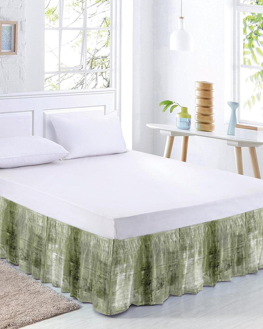 Sage Green Bed Skirt Queen Size 16 Inch Drop, Adjustable Elastic Bedskirt Dust Ruffle for Queen Bed, Modern Geometric Oil Painting Abstract Art Wrap Around Bed Skirts Luxurious Pleated Bed Frame Cover