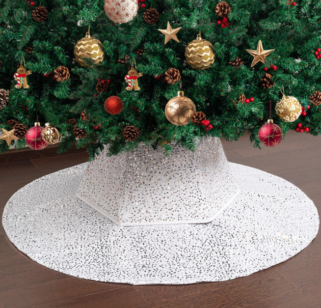Mr. Pen Silver Sequin Christmas Tree Skirt and Tree Collar, 48 Inch Base Cover, 24.8 Inch Foldable Sparkling Sequin Trees Skirt Collar, Silver Sequin Tree Skirt, Christmas Skirt Tree