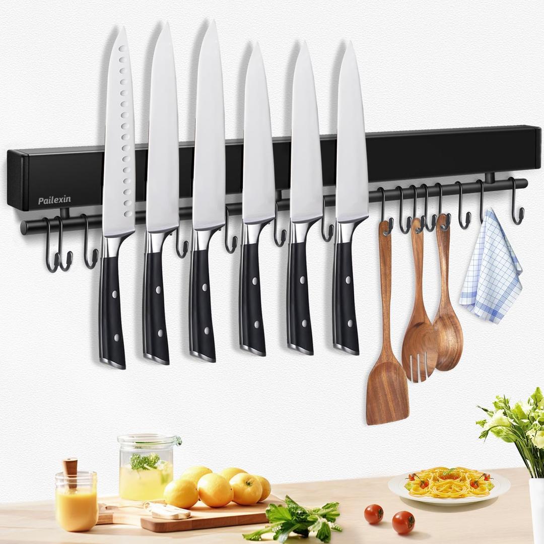 23 inch magnetic knife holder with 15 hooks, No Drilling black knife magnetic strip and utensil hanger for wall, Powerful knife magnet rack include tape and screws