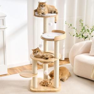 797Audio Modern Solid Wood Cat Tree Tower, 49" Tall Cat Tree with Sisal Scratching Posts and Capsule for Adult Cats, Natural Oak Wooden Cat Tower,Aesthetic Multi-Level Cat Climbing Tree for Indoor Cat