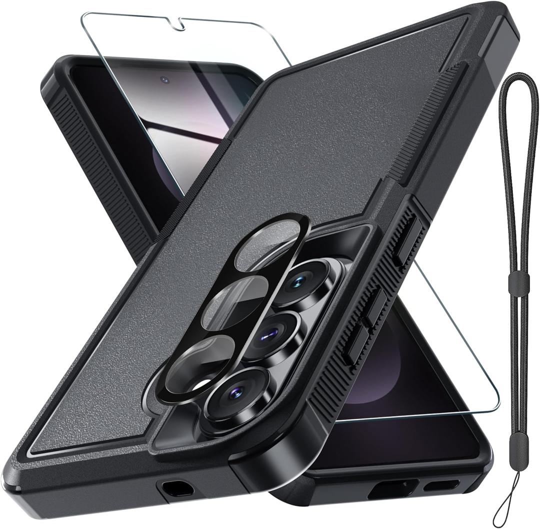 for Samsung Galaxy S26 Case with Screen Protector+Camera Lens Cover,Military Grade Heavy Duty Shockproof Phone Cover with Wrist Lanyard Strap for Samsung S26,Black Matte