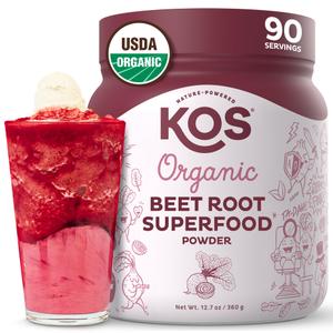 KOS Organic Beet Root Powder, USDA Organic - Natural Nitric Oxide Booster, Superfood Plant Based Beetroot Antioxidant, Supports Active Lifestyle & Healthy Circulation, Soy & Gluten-Free - 90 Servings, Best By 11/11/2027