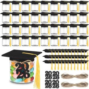 Mimorou 36 Set Gold Graduation Candy Jars Bulk 2026 Graduation Cap Gift with 4 oz Plastic Candy Jar and Tassel Felt Grad Cap Felt 2026 Number Kit for Wishes Party Favors Decoration Supplies