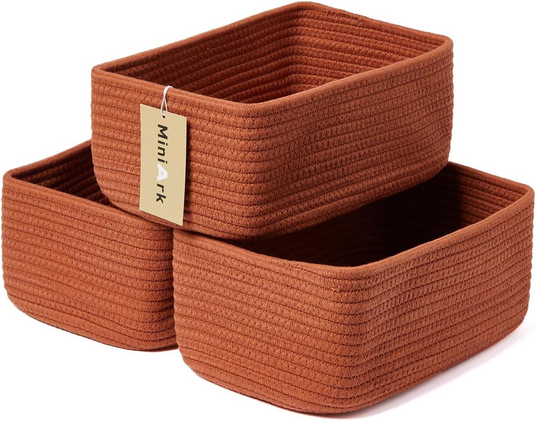 Small Storage Baskets for Organizing | Closet Organizer Bins | Shelf Toy Basket | Woven Rope Baskets | Cube Decorative Box | Shallow Basket | 11.5x7.5x4.7 | 3 Packs Oxide Red